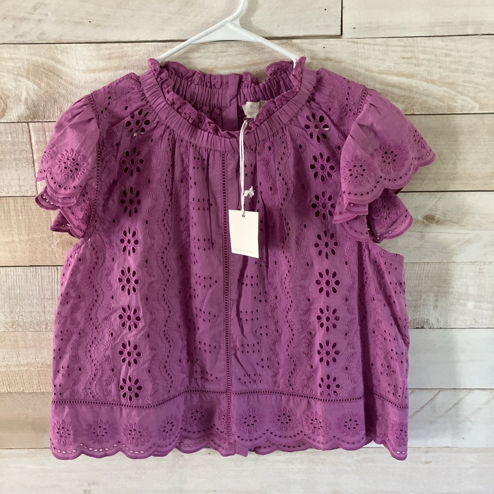 Jennifer & Grace Purple 100% Cotton NWT Eyelet Ruffle High Neck Blouse L